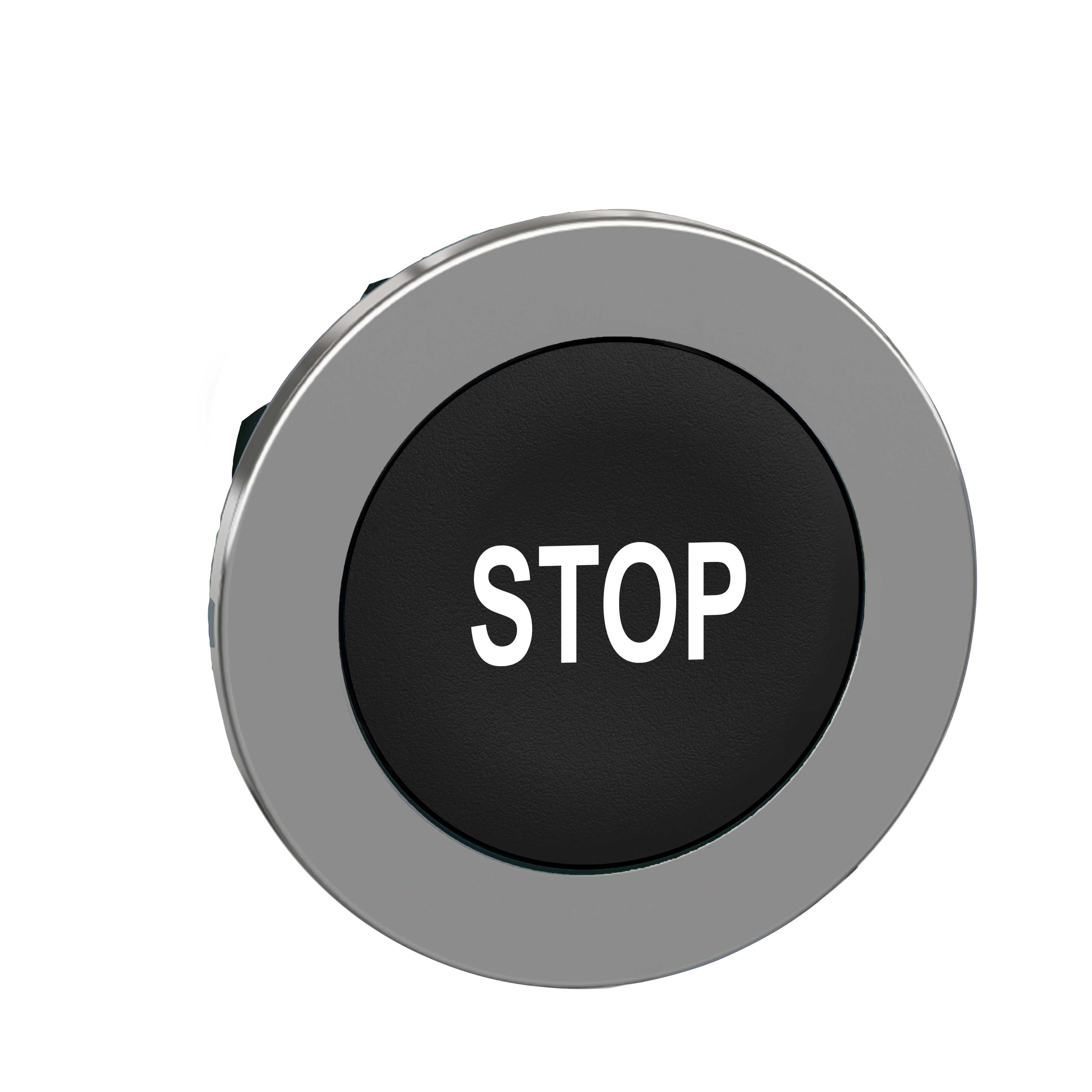 Schneider Electric - Trykknapphode flush i metall med fjærretur og plan trykflate i sort farge med hvit "STOP"