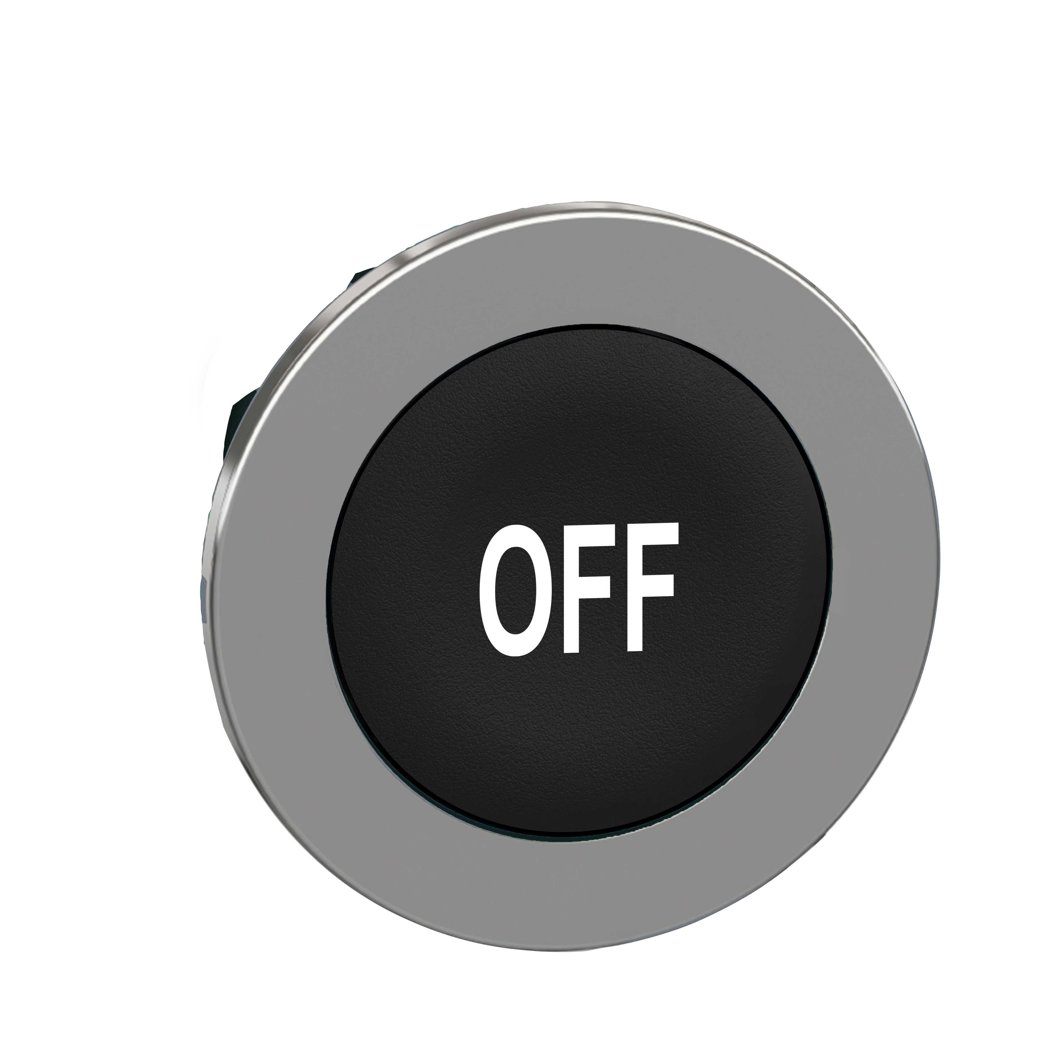 Schneider Electric - Trykknapphode flush i metall med fjærretur og plan trykflate i sort farge med hvit "OFF"