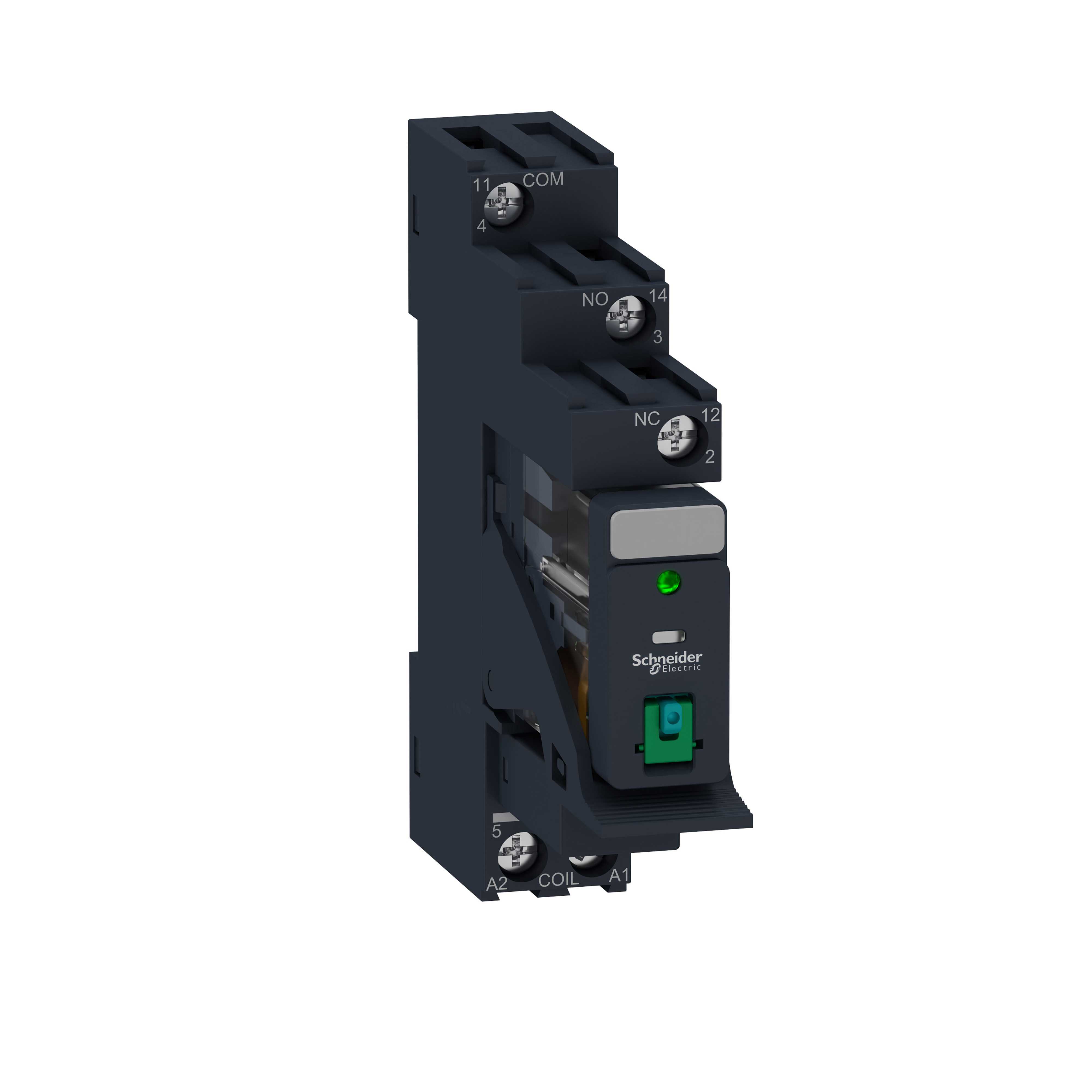 Schneider Electric - RXG pluggrelé i sokkel med låsbar testknapp og LED og 1 C/O kontakt på 10A og 24 VDC forsyning