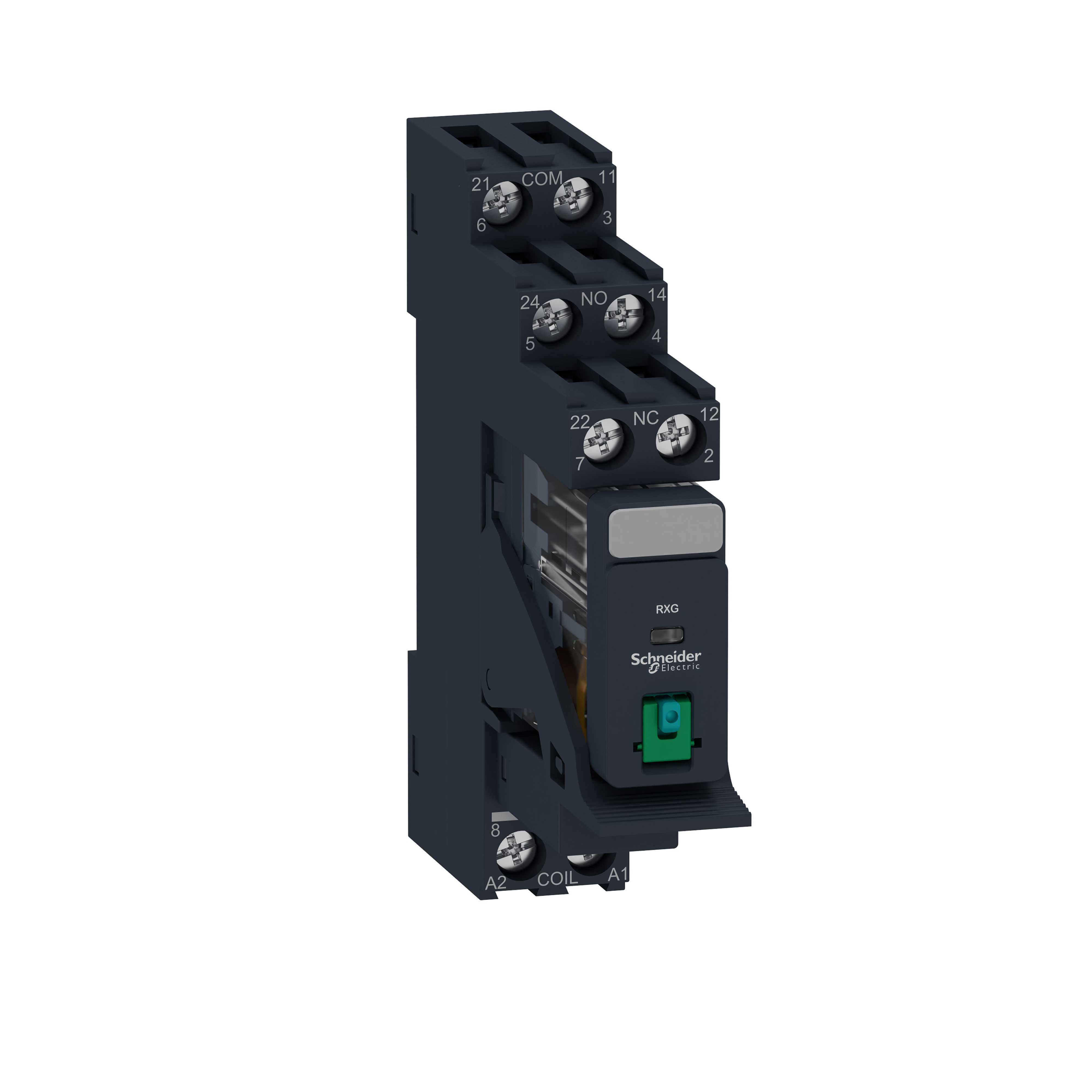 Schneider Electric - RXG pluggrelé i sokkel med låsbar testknapp og 2 C/O kontakter på 5A og 24 VDC forsyning
