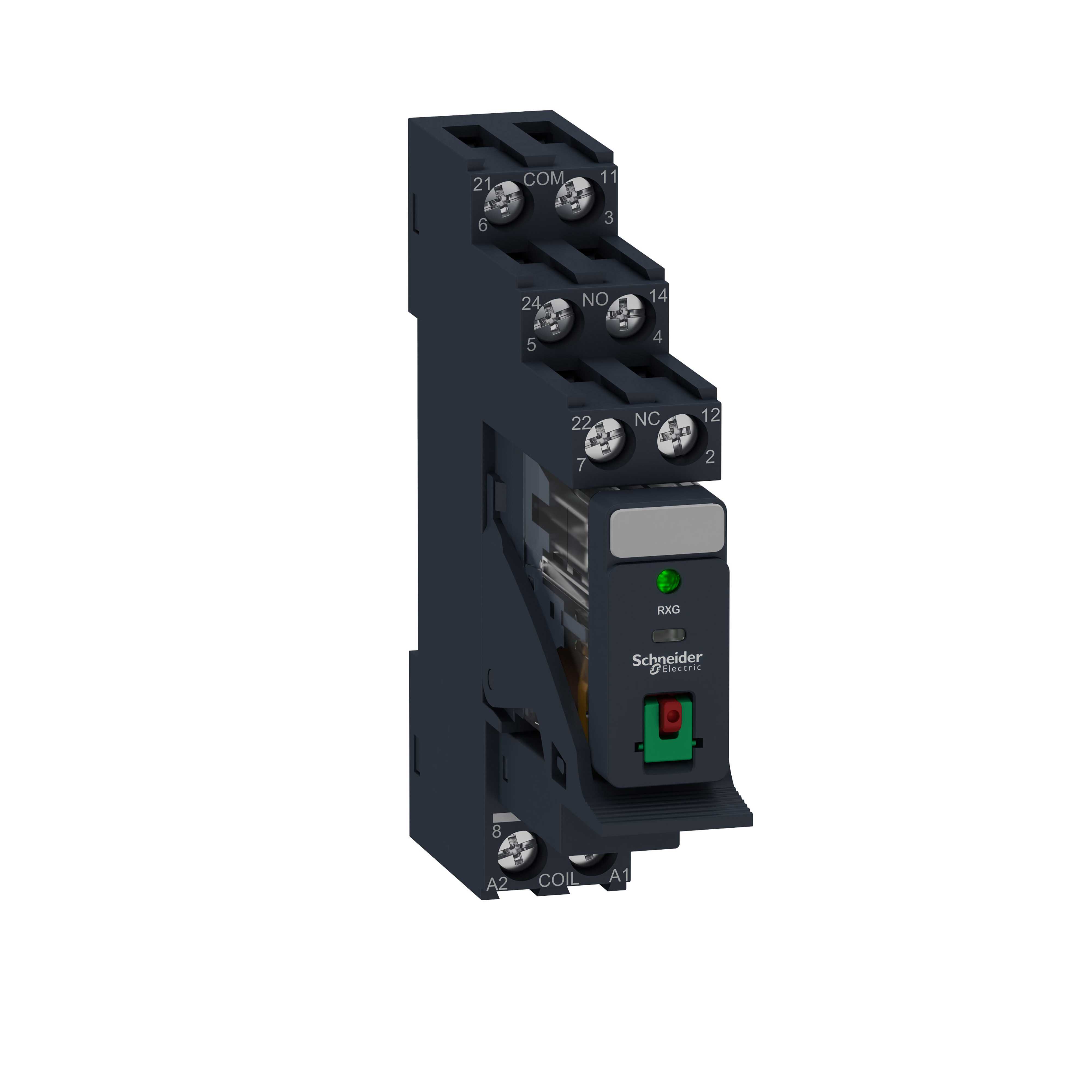Schneider Electric - RXG pluggrelé i sokkel med låsbar testknapp og LED og 2 C/O kontakter på 5A og 230 VAC forsyning