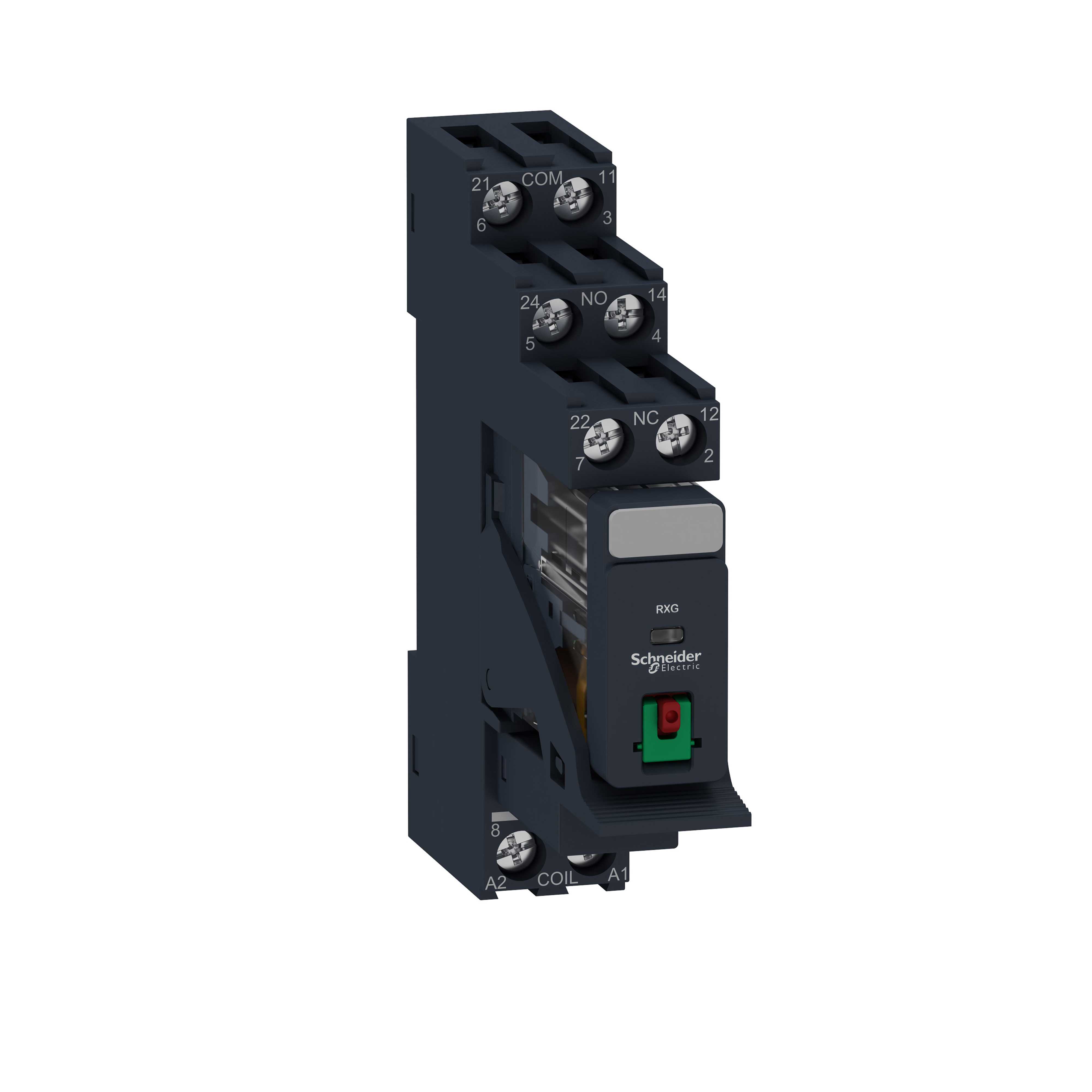 Schneider Electric - RXG pluggrelé i sokkel med låsbar testknapp og 2 C/O kontakter på 5A og 230 VAC forsyning