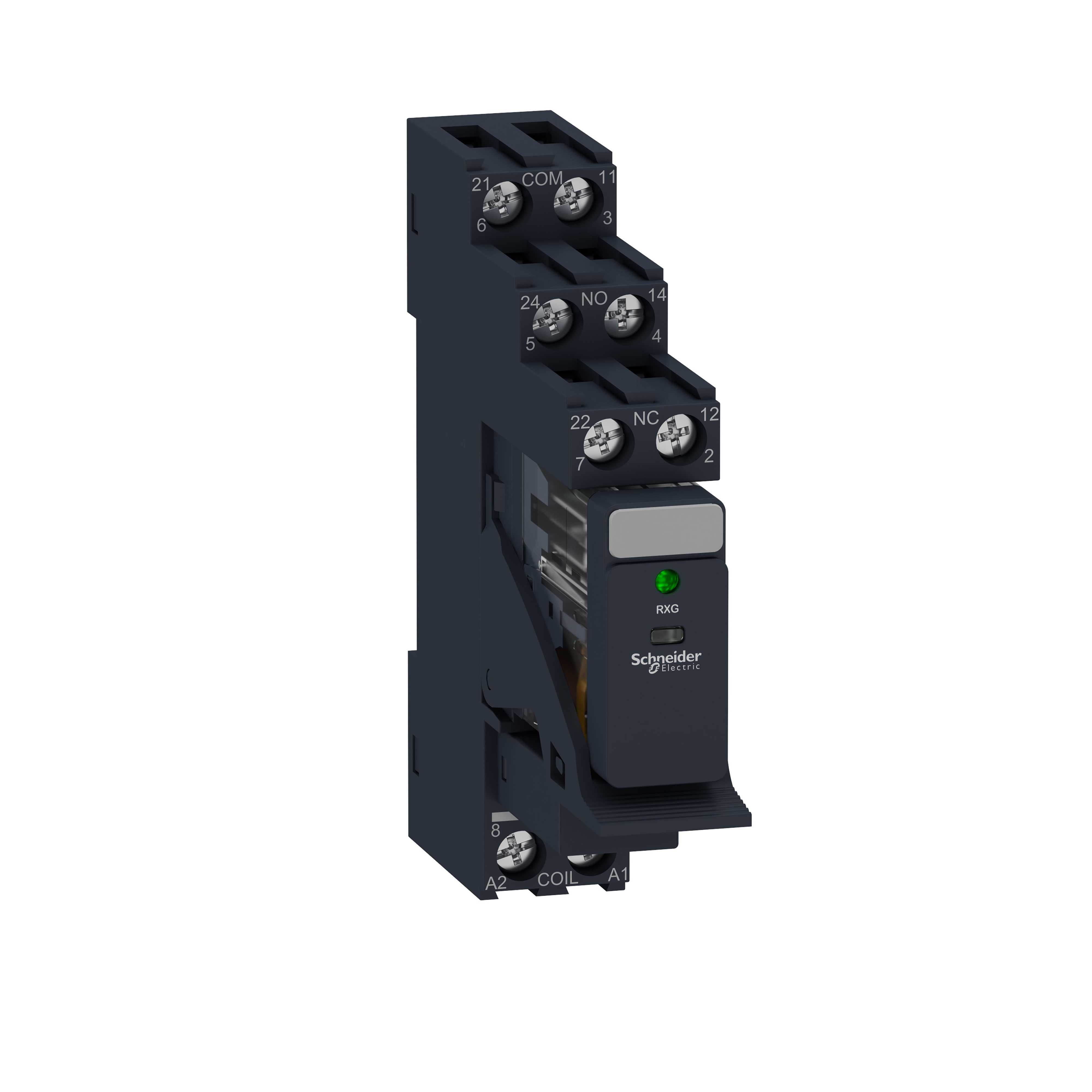 Schneider Electric - RXG pluggrelé i sokkel med LED og 2 C/O kontakter på 5A og 24 VDC forsyning
