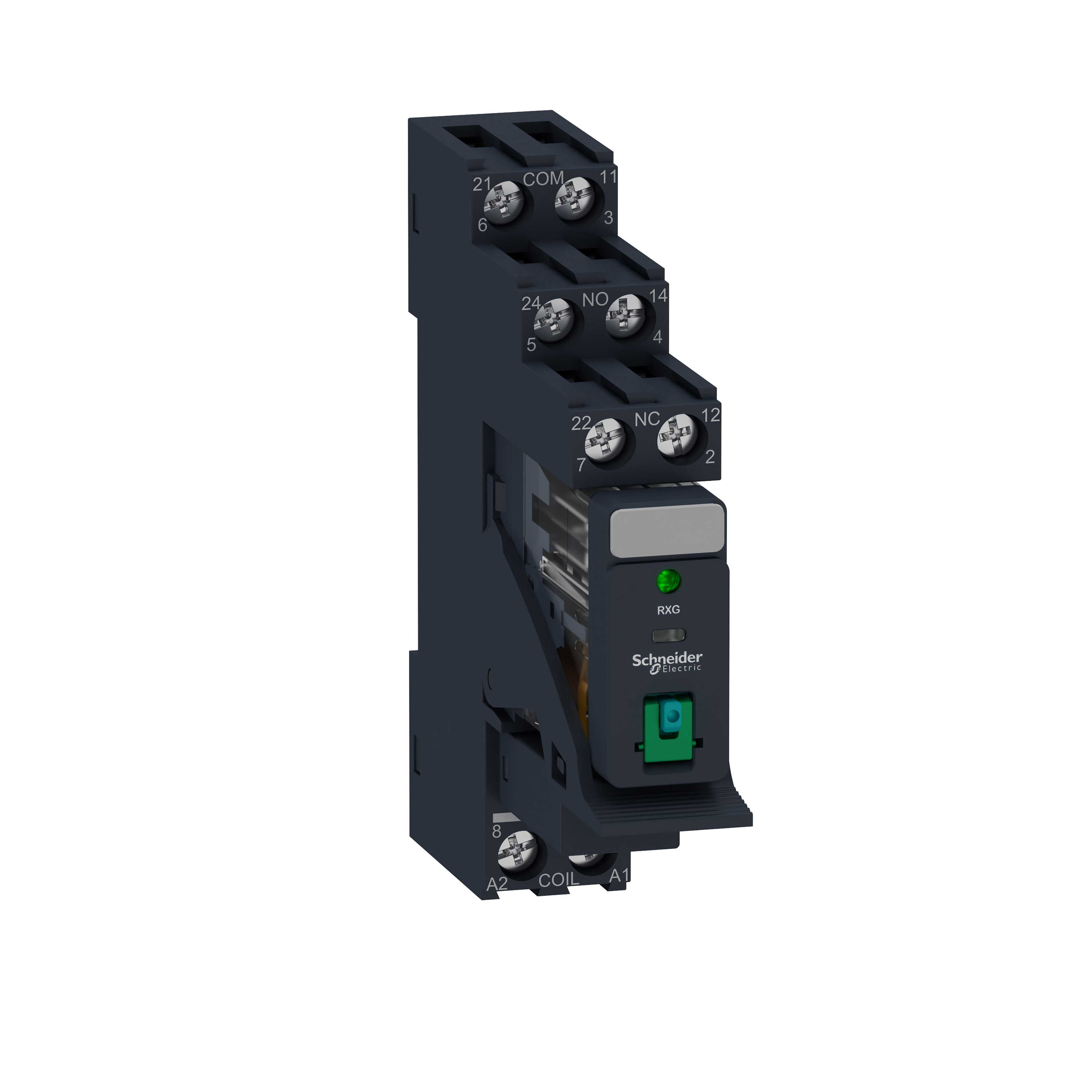Schneider Electric - RXG pluggrelé i sokkel med låsbar testknapp og LED og 2 C/O kontakter på 5A og 24 VDC forsyning