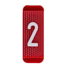 ABB Electrification - Utvendig merkesystem for kabelskap, rødt skilt 2, pose a 10 stk, rød bakgrunn med hvit skrift.