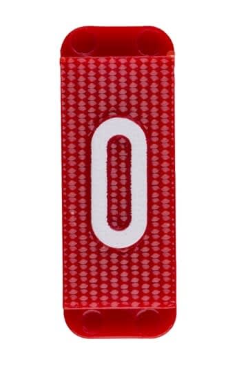 ABB Electrification - Utvendig merkesystem for kabelskap, rødt skilt 0, pose a 10 stk, rød bakgrunn med hvit skrift.