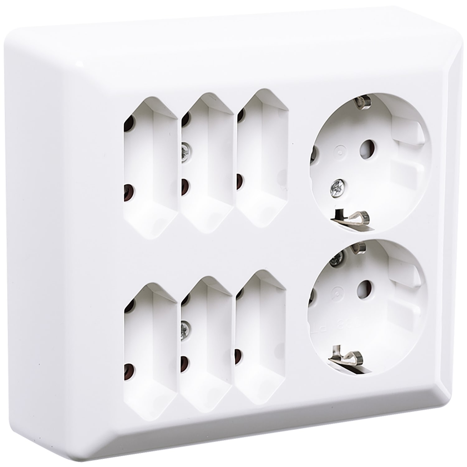 Elko - RS Renhvit multistikkontakt med to uttak med jord og 6 stk Eurostikk, for bruk med tv eller stereo