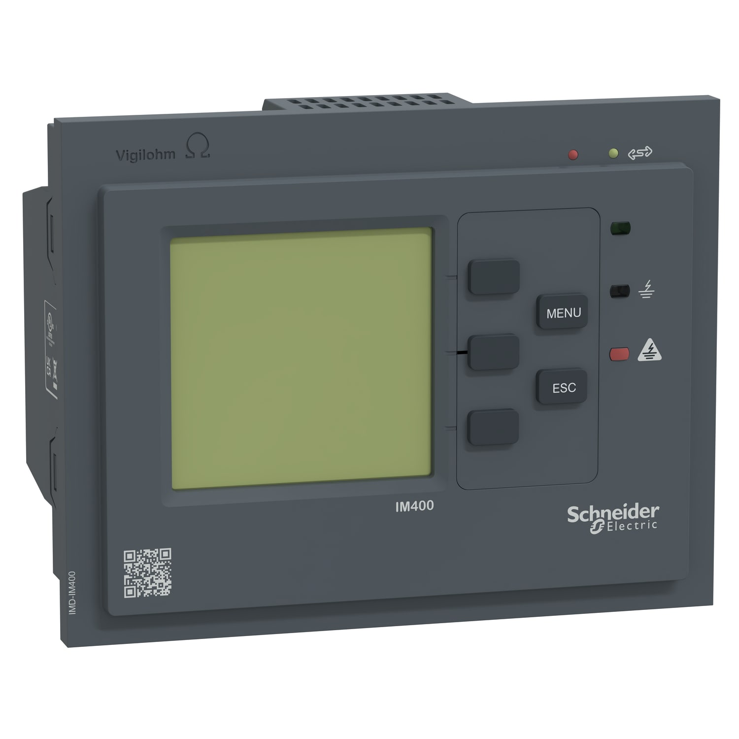 Schneider Electric - Vigilohm IM400. For IT nett, samt DC. IM400 har stort LCD display og Modbus komm.