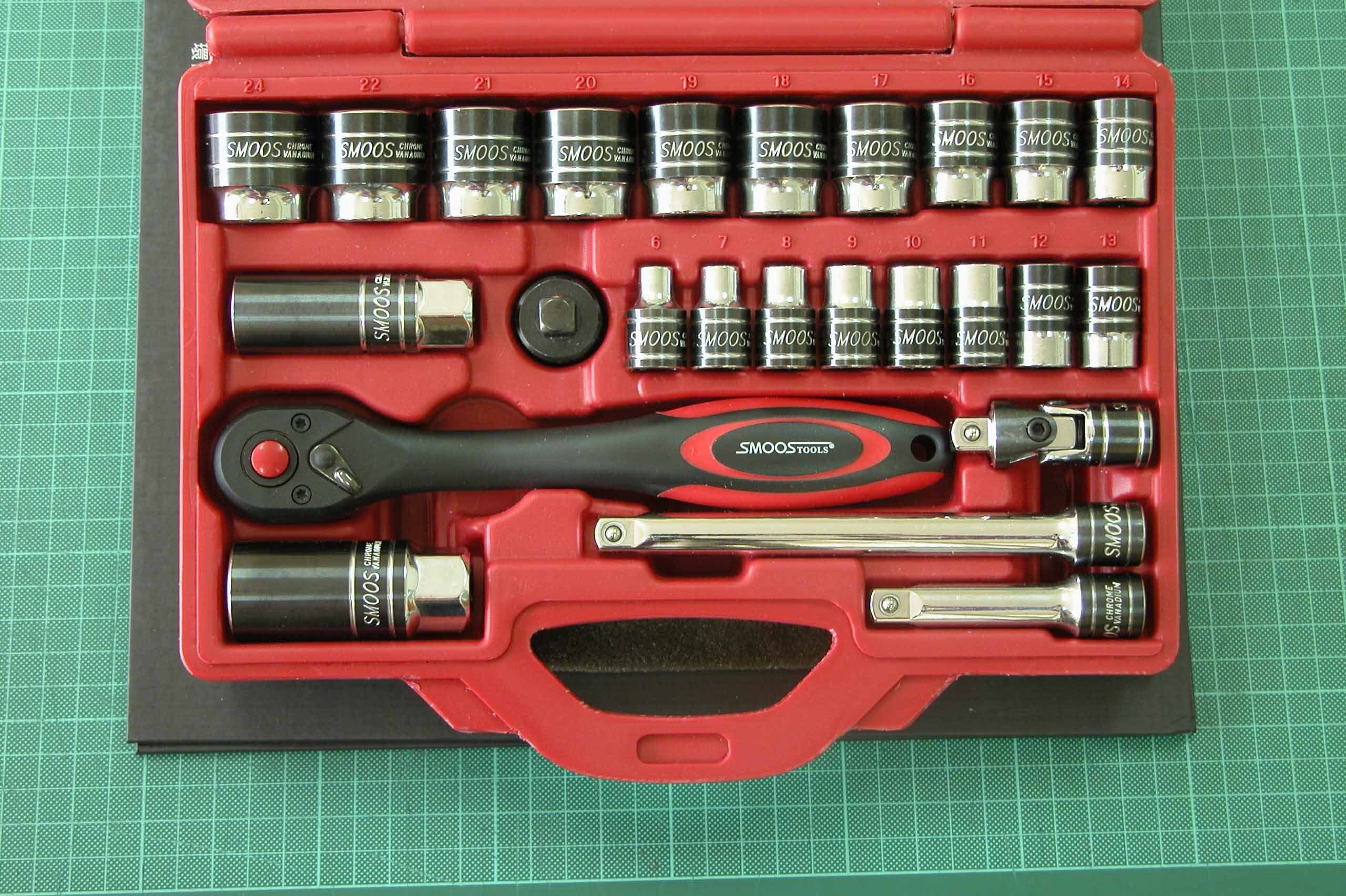 Smoos - Pipenøkkelsett 25 deler 3/8" Plastkoffert.
