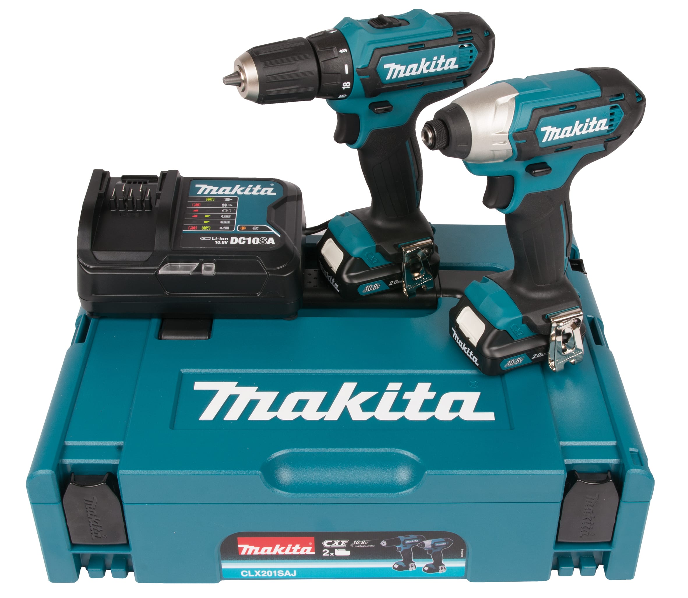 Makita - ComboKit 10,8V CLX201SAJ, inneholder 2stk 10,8V slide batterier, lader og koffert.