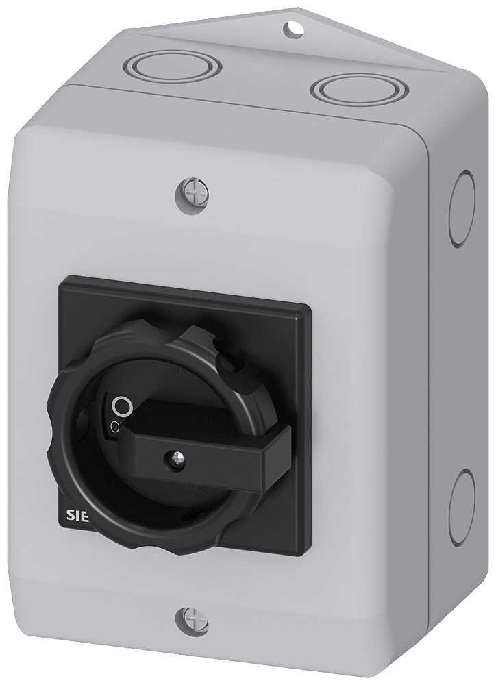 Siemens - Sikkerhetsbryter, 3-p, I=32 A, AC-23/400V: 11,5 kW,plast IP65, 1NC, 1NO, vri, sort, nippelhull M25