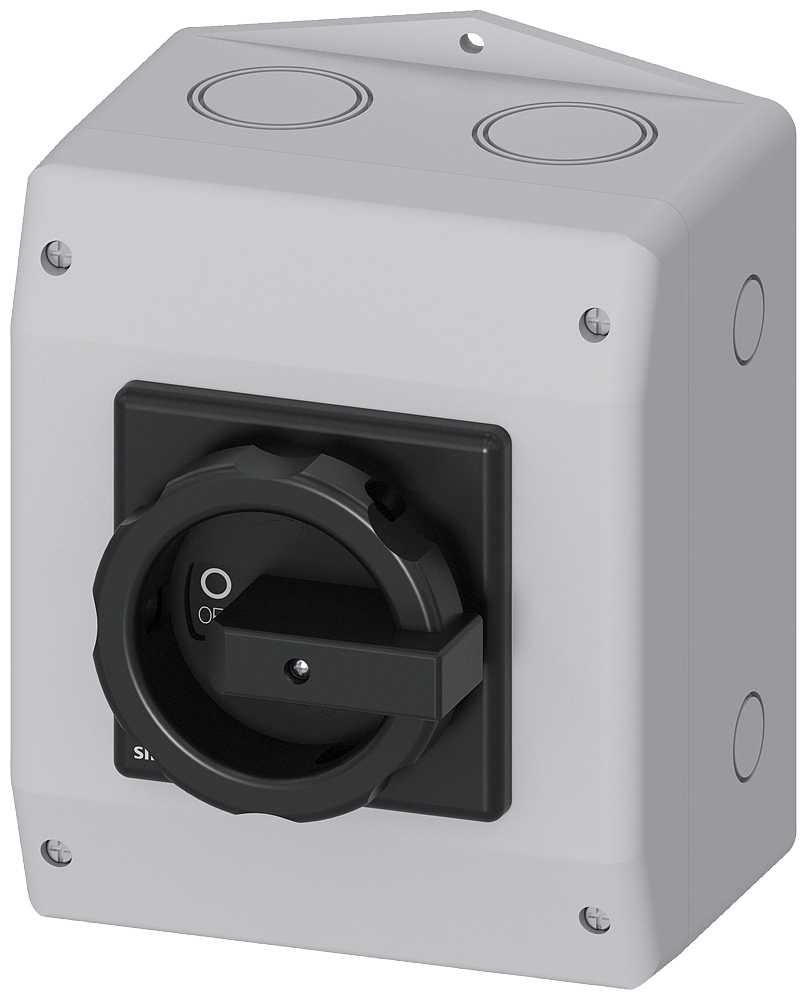 Siemens - Sikkerhetsbryter, 3-p, I=63 A, AC-23/400V: 22 kW,plast IP65, 1NC, 1NO, vri, sort, nippelhull M32/40