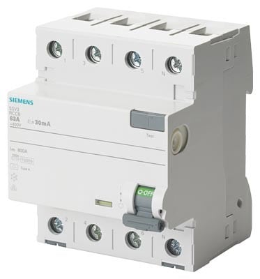 Siemens - Jordfeilbryter, 4-pol, type A, In: 40 A, 30 mA, Un AC: 500 V