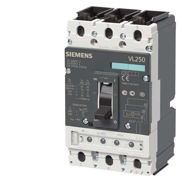 Siemens - Effektbryter VL250N ICU=5KA/415 V AC 3 p, VERN ETU10M, LI IN=200A, IR=80-200A, II=1,25TO11XIN