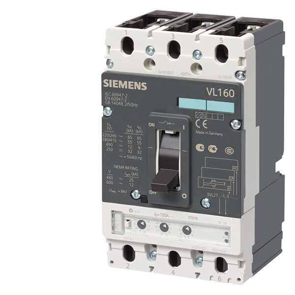 Siemens - Effektbryter VL160H ICU=70KA/415 V AC 3 p, ETU20, LSI IN=63A, IR=25-63A, ISD=1,5TO10XIR, II=11XIN