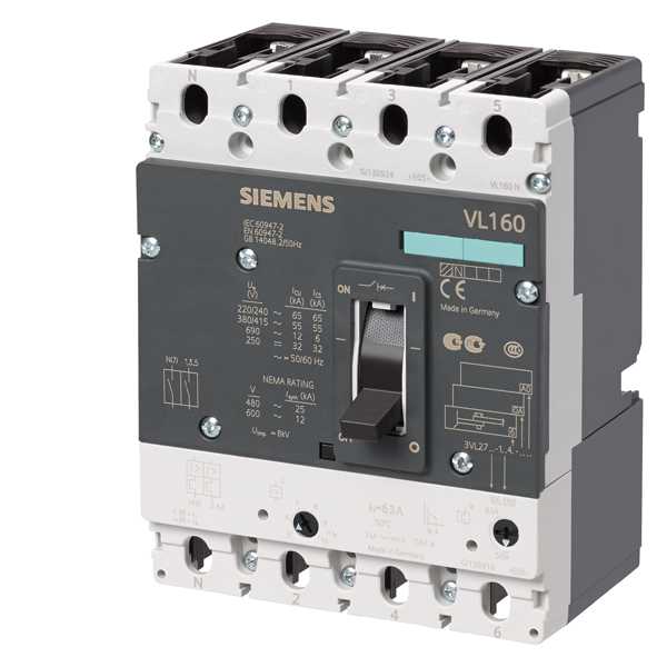 Siemens - Effektbryter VL160N ICU=55KA/415 VAC 4 p, ETU20, LSI IN=100A, IR=40-100A, ISD=1,5TO10XIR, II=11XIN 