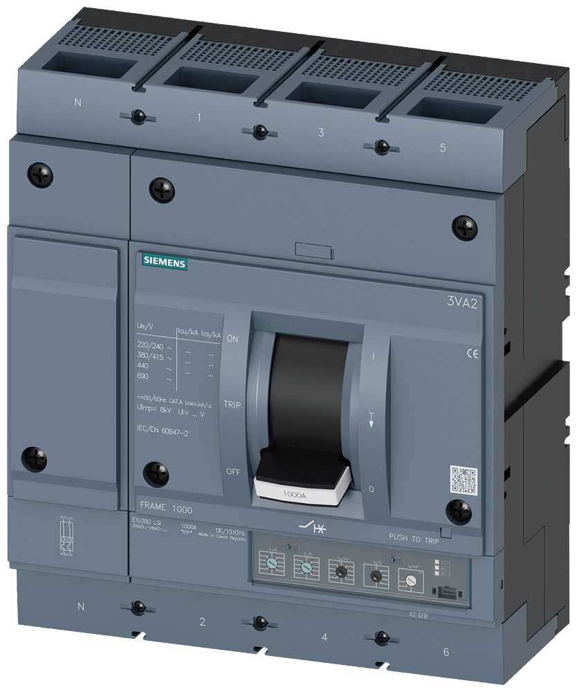 Siemens - MCCB_3VA25_4P_55KA_ETU350,LI,IN=630A,IR=250A-630A,Ii=10xIN,bolt