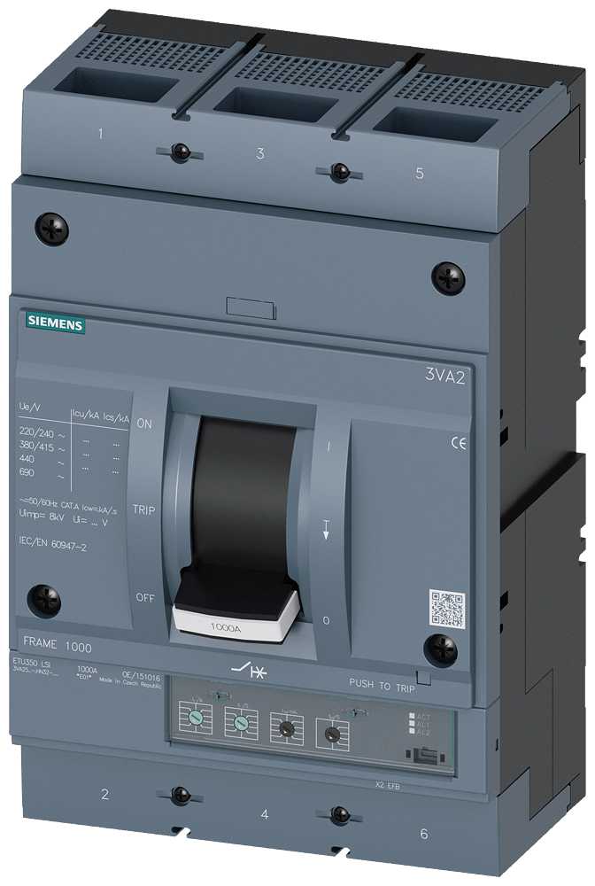 Siemens - MCCB_3VA25_3P_55KA_ETU350,LI,IN=1000A,IR=400A-1000A,Ii=10xIN,bolt