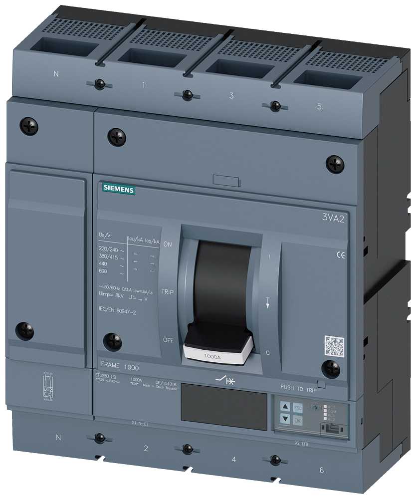 Siemens - MCCB_3VA25_4P_55KA_ETU550,LI,IN=630A,IR=250A-630A,Ii=10xIN,bolt