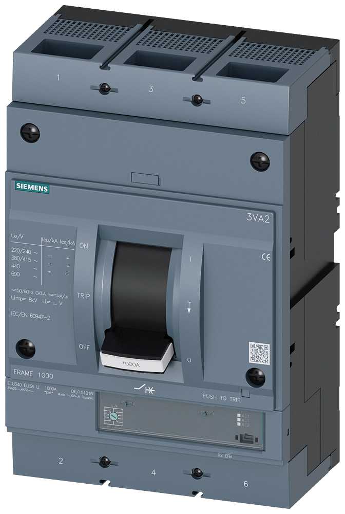 Siemens - MCCB_3VA25_3P_55KA_ETU340,LI,IN=630A,IR=252A-630A,Ii=10xIN,bolt