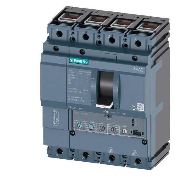 Siemens - MCCB_3VA21_4P_55KA_ETU330_,LIG,IN=160A,IR=64A-160A,II=1,5-10xIN,,G=0,2-1xIN,TG=0,1/0,3MS,klemme Cu