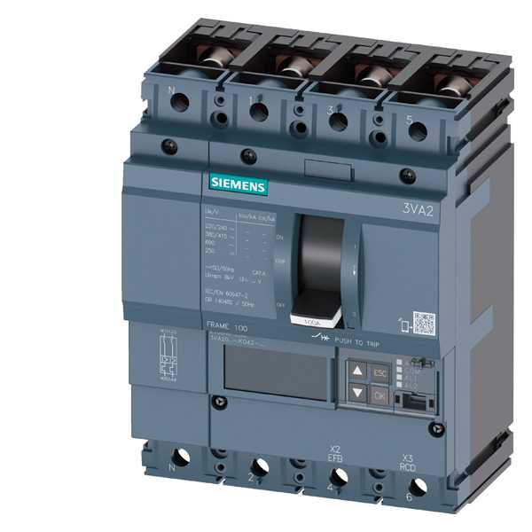 Siemens - MCCB_3VA20_4P_55KA_ETU850,LSI,IN=63A,IR=25A-63A,ISD=0,6-10xIN,II=1,5-12xIN,bolt