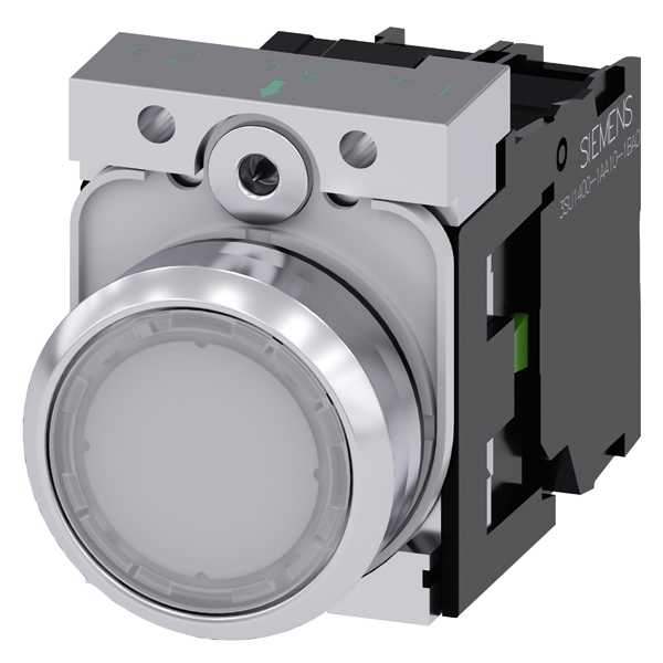 Siemens - Illuminert komplett trykknapp, 1NO, hvit, 110V AC skruklemmer