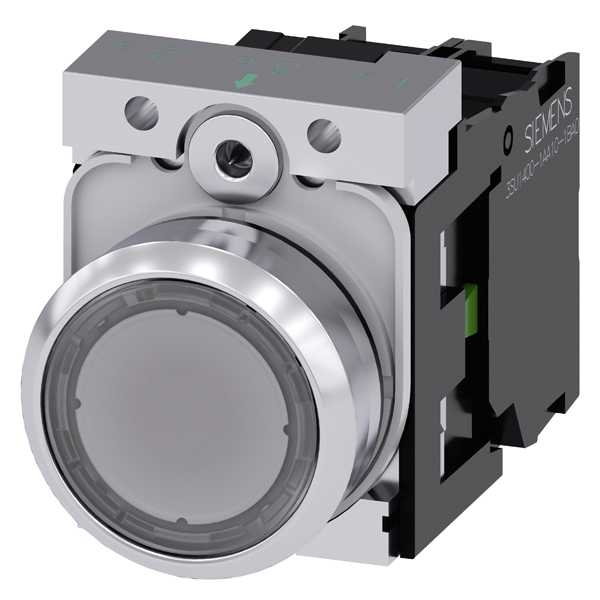 Siemens - Illuminert komplett trykknapp, 1NO, blank, 110V AC skruklemmer