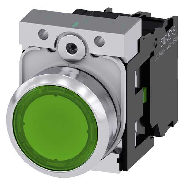 Siemens - Illuminert komplett trykknapp, 1NO, grønn, 110V AC skruklemmer