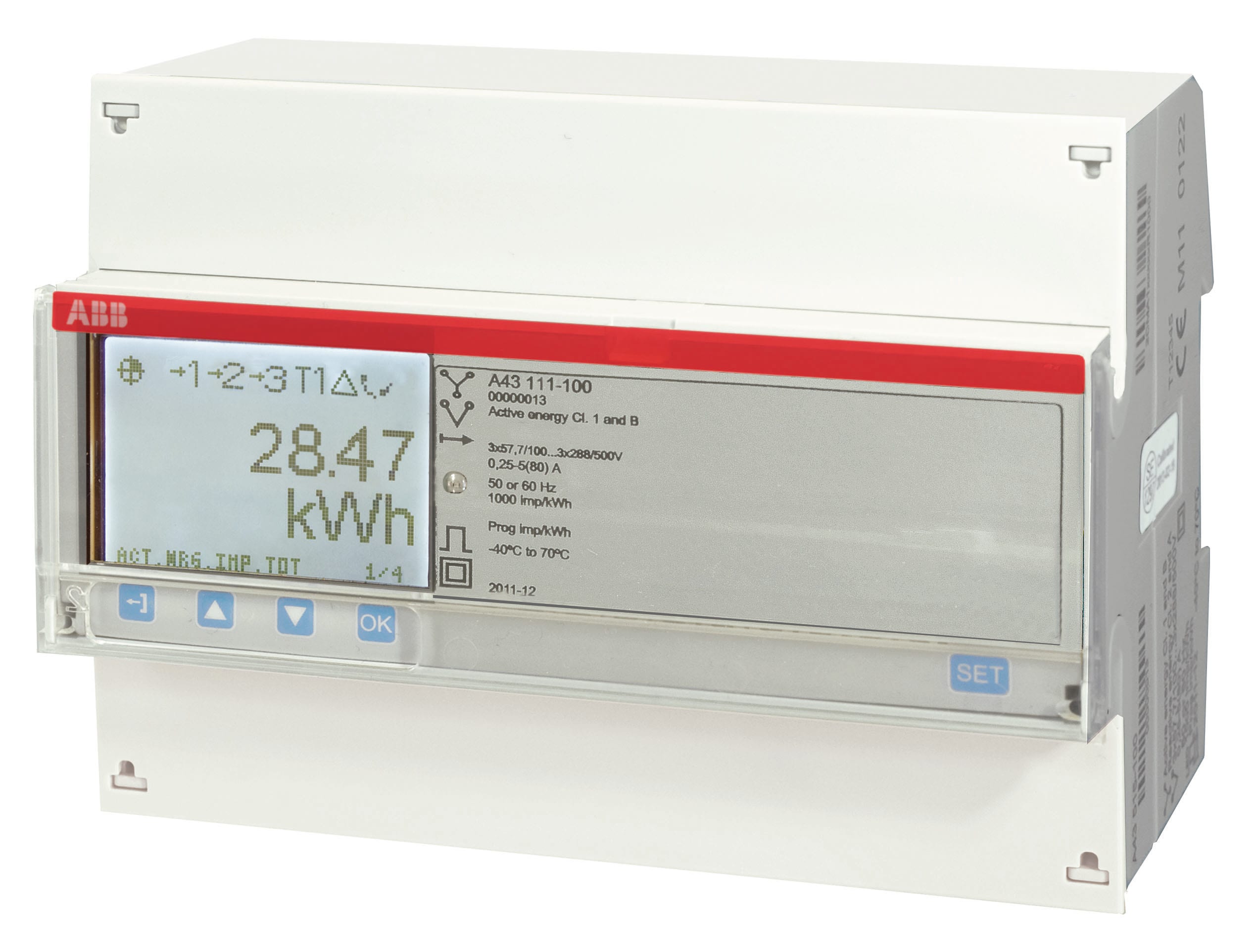 ABB Electrification - Måler 3F A43 113-100 - Stål, Dir, 3X57-288/3x288-500 V, 50/60 Hz, Akt Cl. 1 & B, M-Bus, IR, Puls
