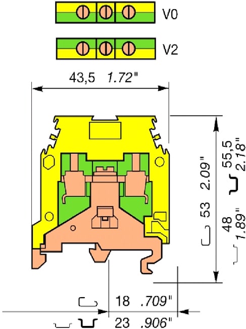 ABB Electrification - M 4/6.P - 4 mm jordingsklemme med skinnekontakt - 6 mm bredde, V2   grønn/gul