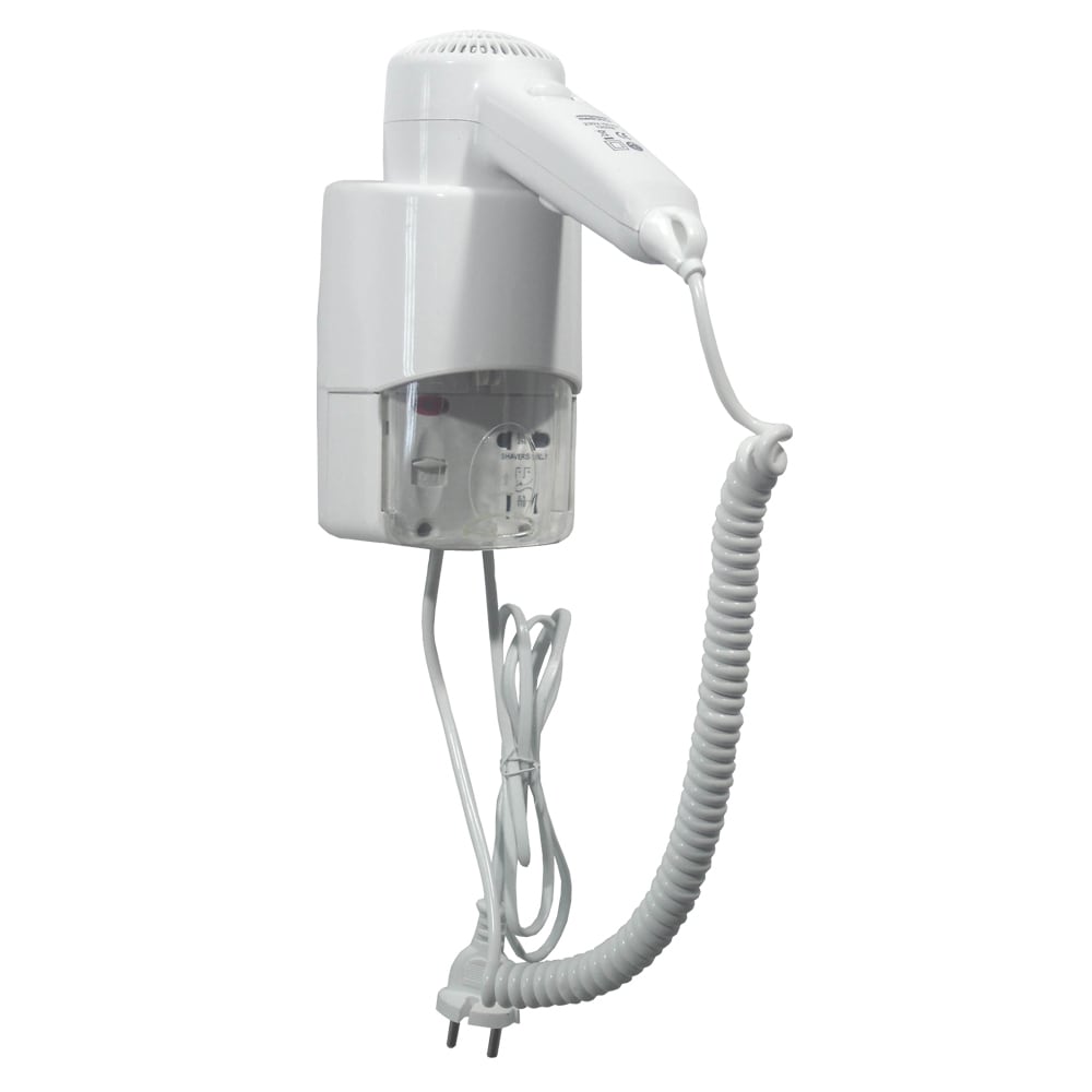 Mediclinics - SC0030, hårføner i hvit plast m/veggbrakett og barb.stikk