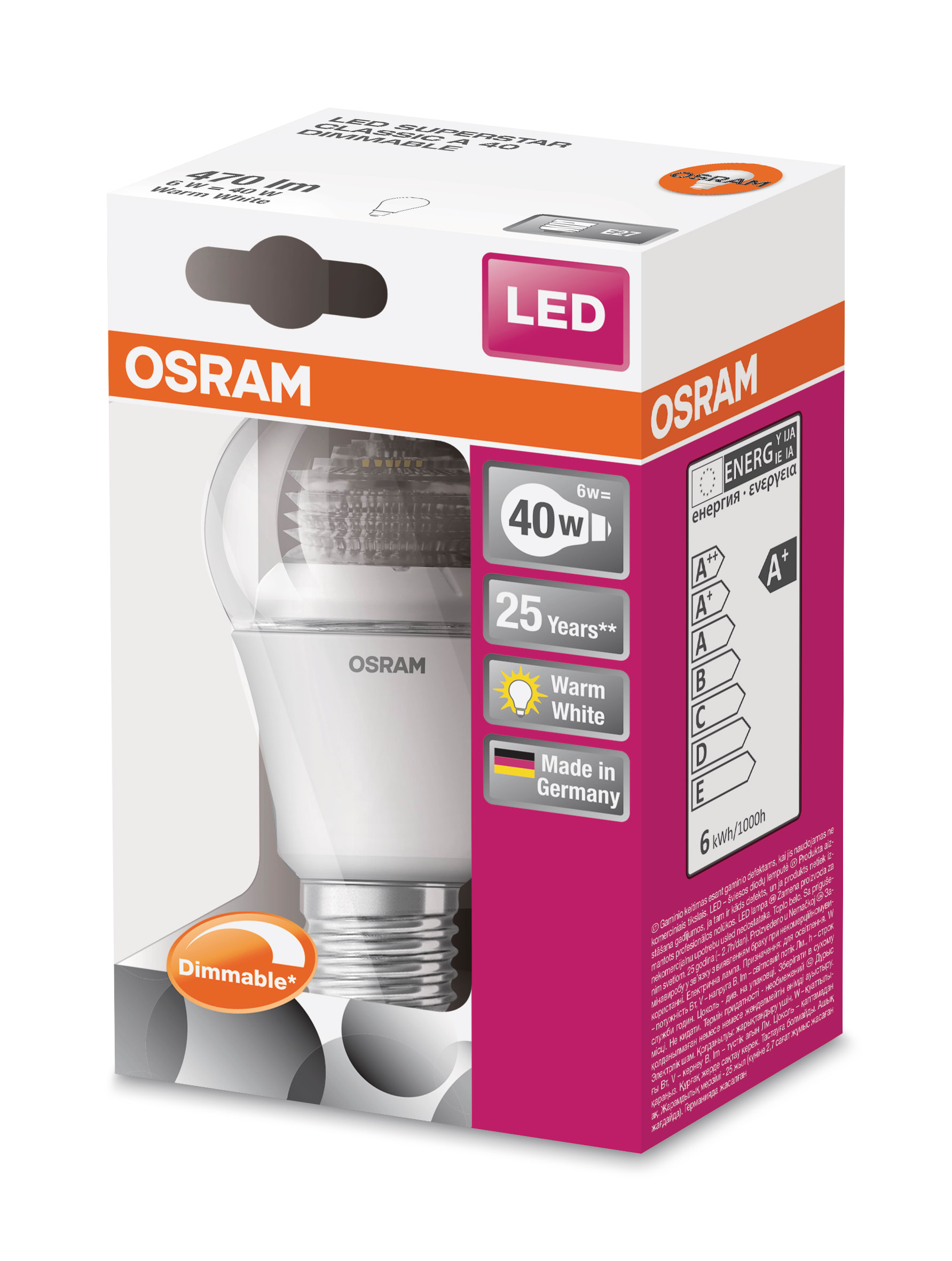 Osram - LED SUPERSTAR, Classic A40, 6W, 230V, 2700K, Klar, E27, dimbar