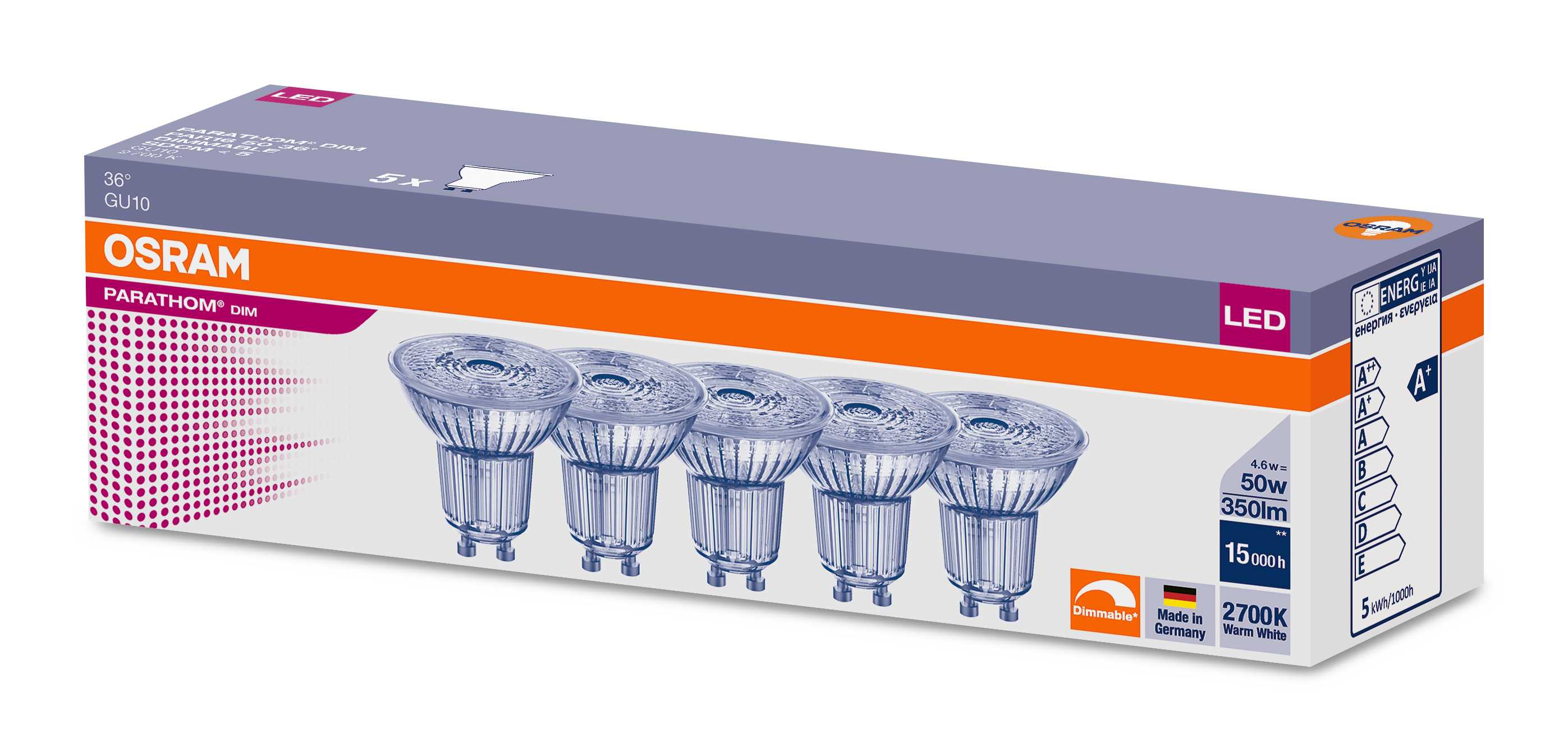Osram - LED PAR16 50 DIM 5PK, 350 lm, 2700K, 4,6W, GU10