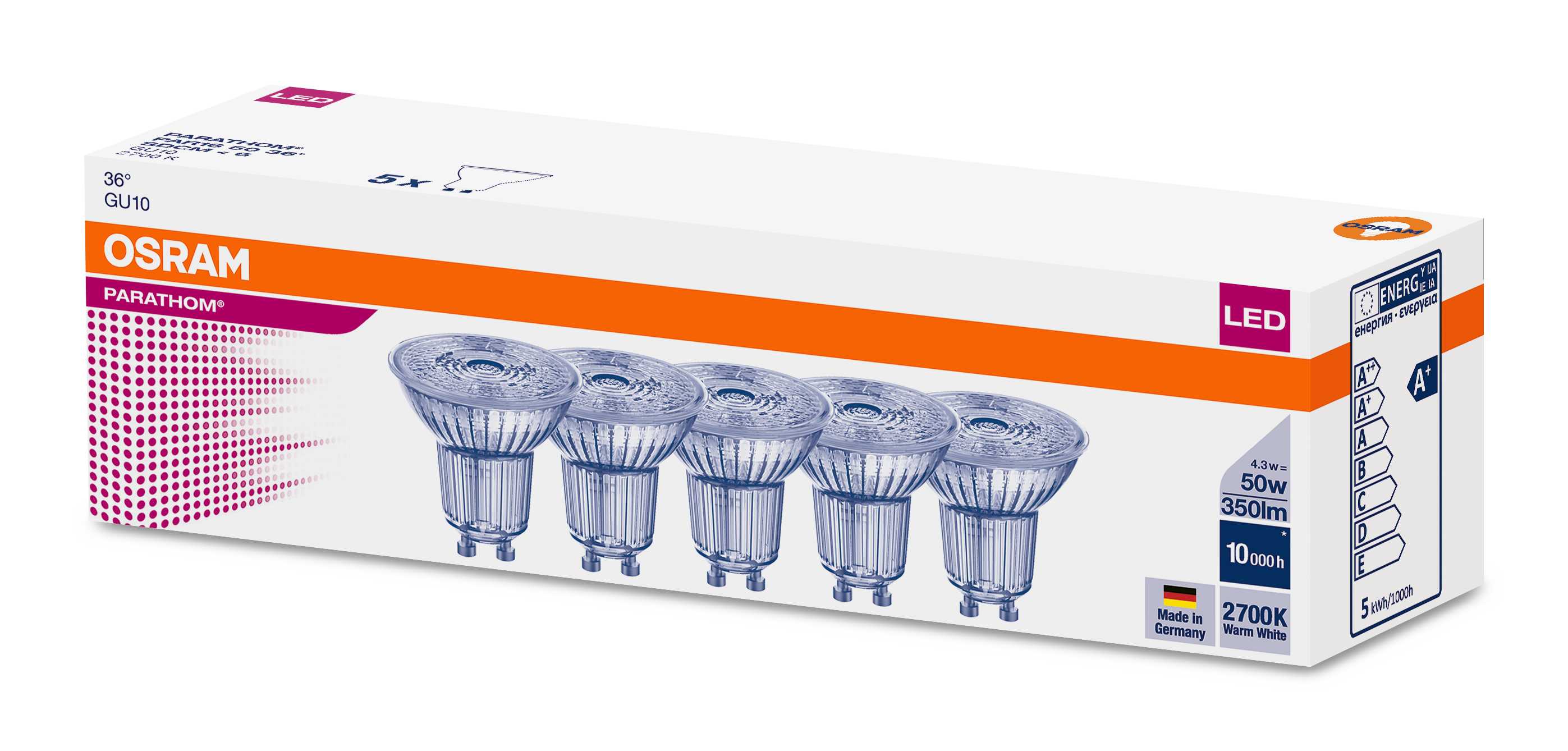 Osram - LED PAR16 SPOT GU10 5 PACK 4,3W/827 IKKE DIM 350LM