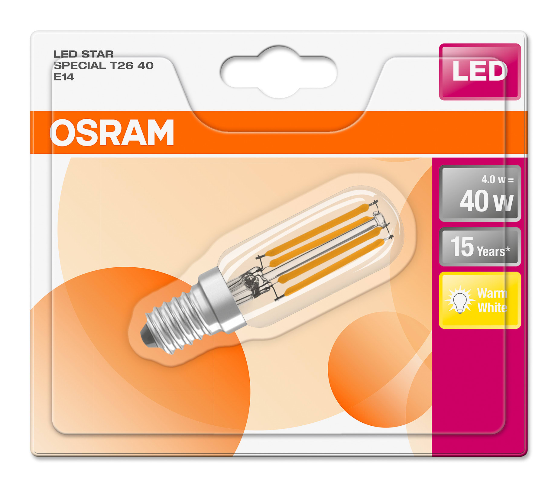 Osram - LED LYSPÆRE T26, erstatning for 40W, 470 lm, 4W, klar, E14-sokkel, 2700 K
