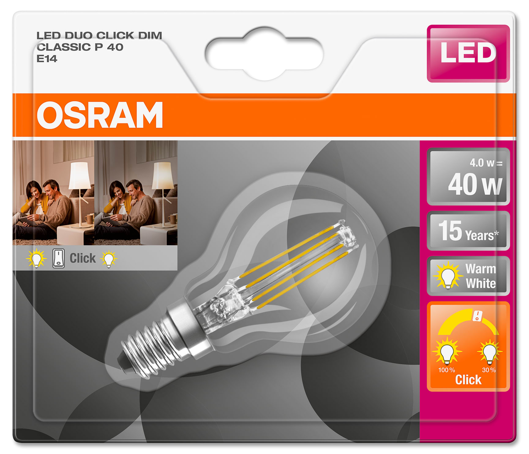 Osram - LED lyspære Classic P 4W, klar, E14-sokkel, duoclick dim, 2700 Kelvin