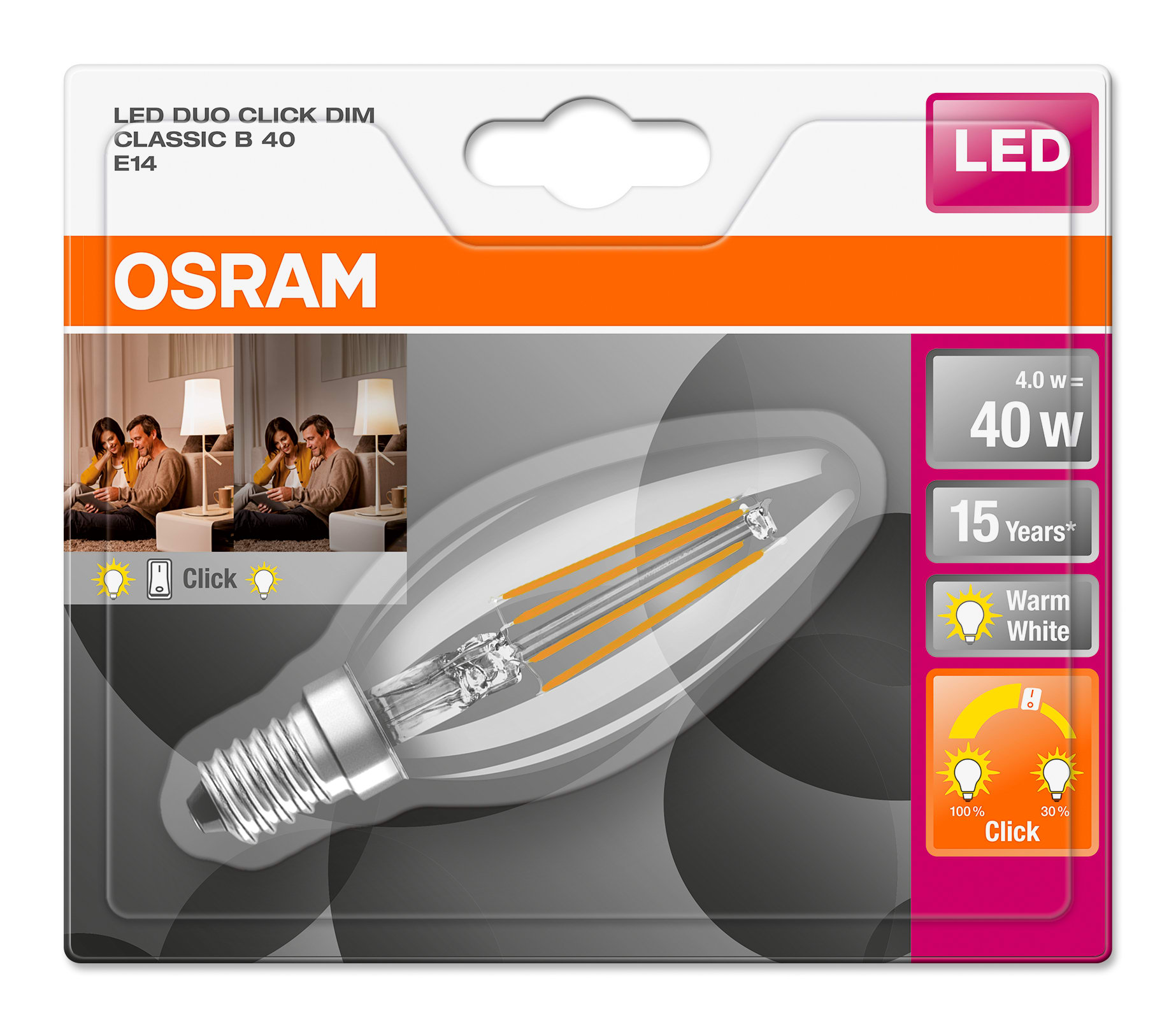 Osram - LED lyspære Classic B 4W, klar, E14-sokkel, duoclick dim, 2700 Kelvin