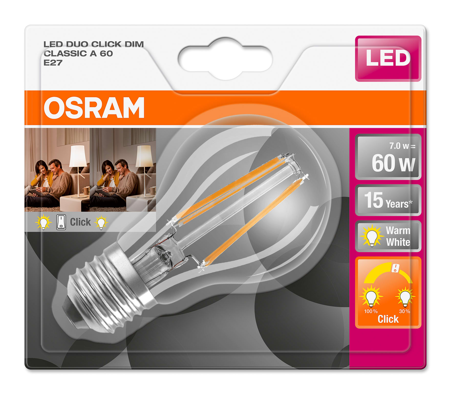 Osram - LED lyspære Classic A 7W, klar, E27-sokkel, duoclick dim, 2700 Kelvin