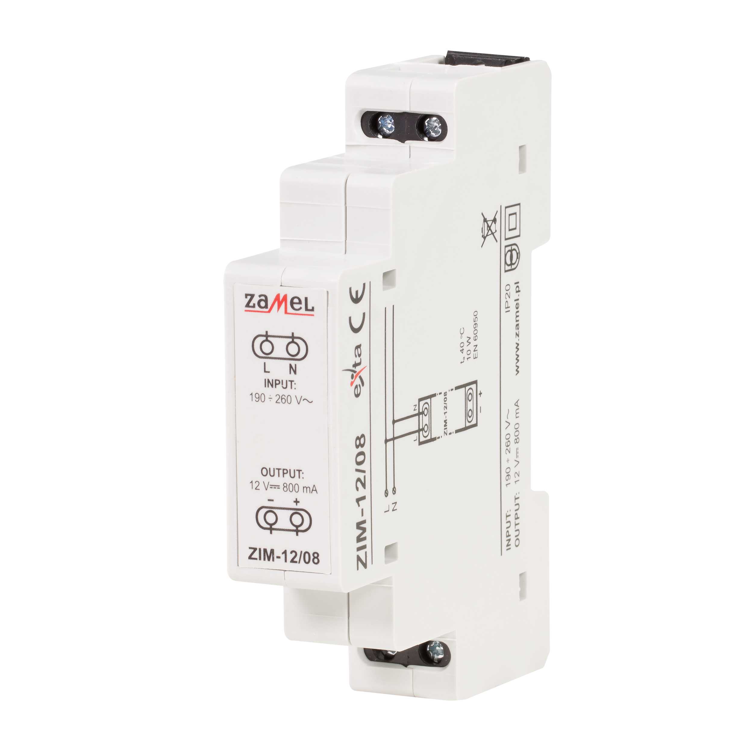 Zamel - ZAMEL STRØMFORSYNING ZIM-12/08 230vAC,12vDC,0.8A,9.6W,IP20