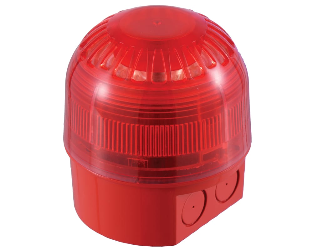 Klaxon - Komplett xenon lampe med blitz lys. 110/230VAC, 70mA, rød blitz, IP65. 104mm x 100mm dia.