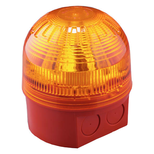 Klaxon - Komplett LED lampe med blink lys. 17-60VDC, 5mA, IP65, Oransje linse. 104mm x 100mm dia.