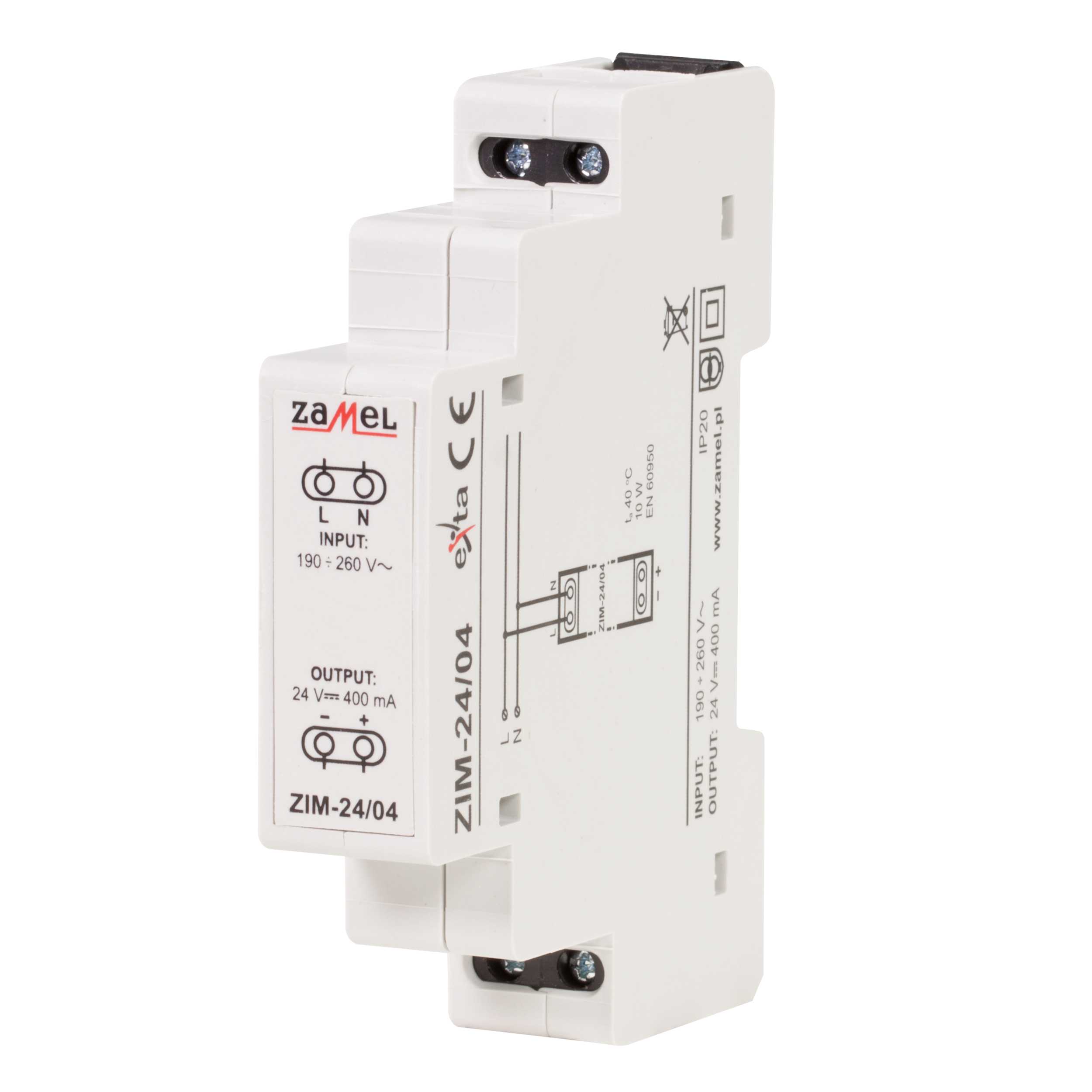 Zamel - ZAMEL STRØMFORSYNING ZIM-24/04 230vAC,24vDC,0.4A,9.6W,IP20