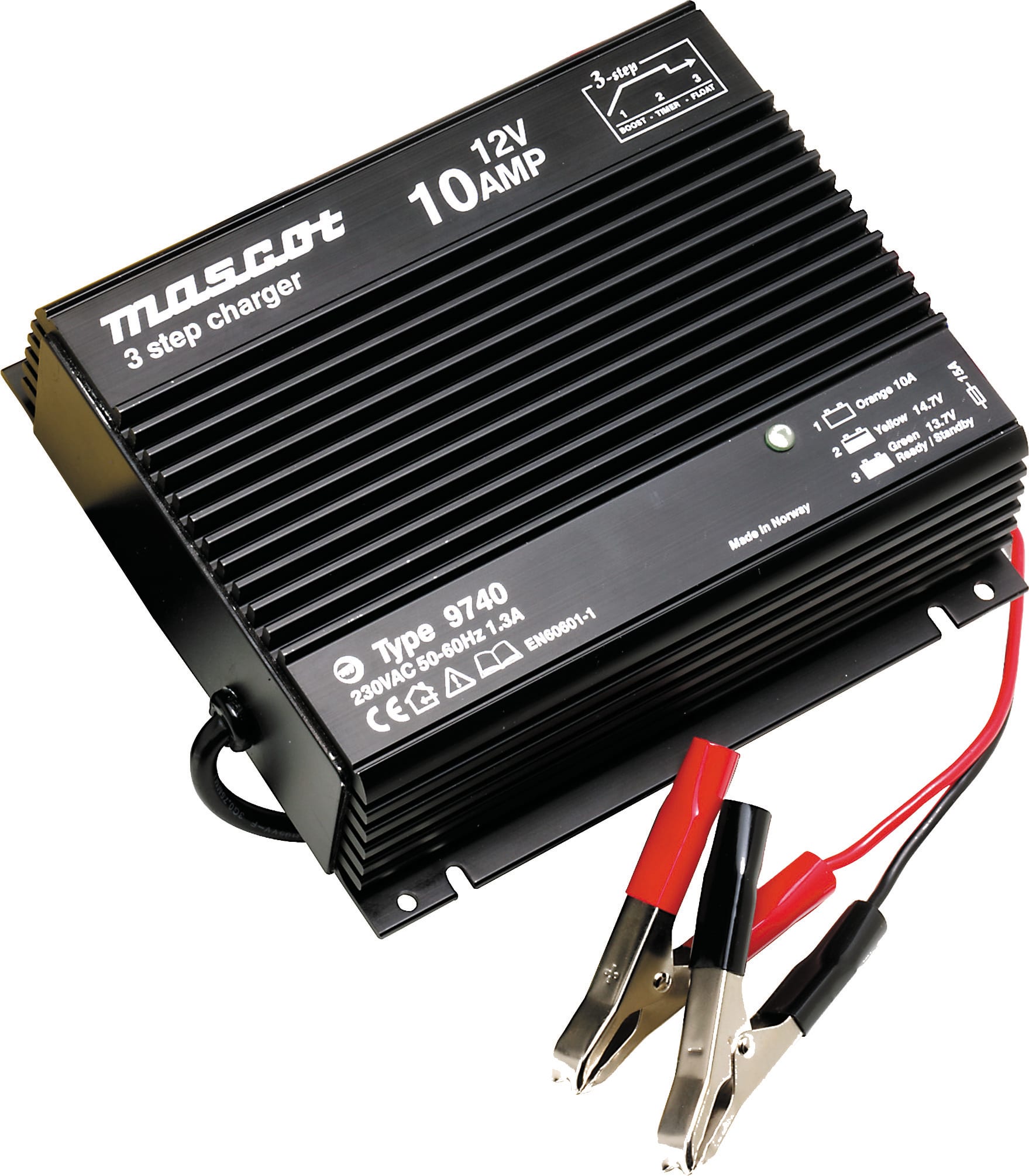 Mascot - 9740 3-Trinns lader for Blybatterier Switch mode - 12VDC 10A - batteriklemmer