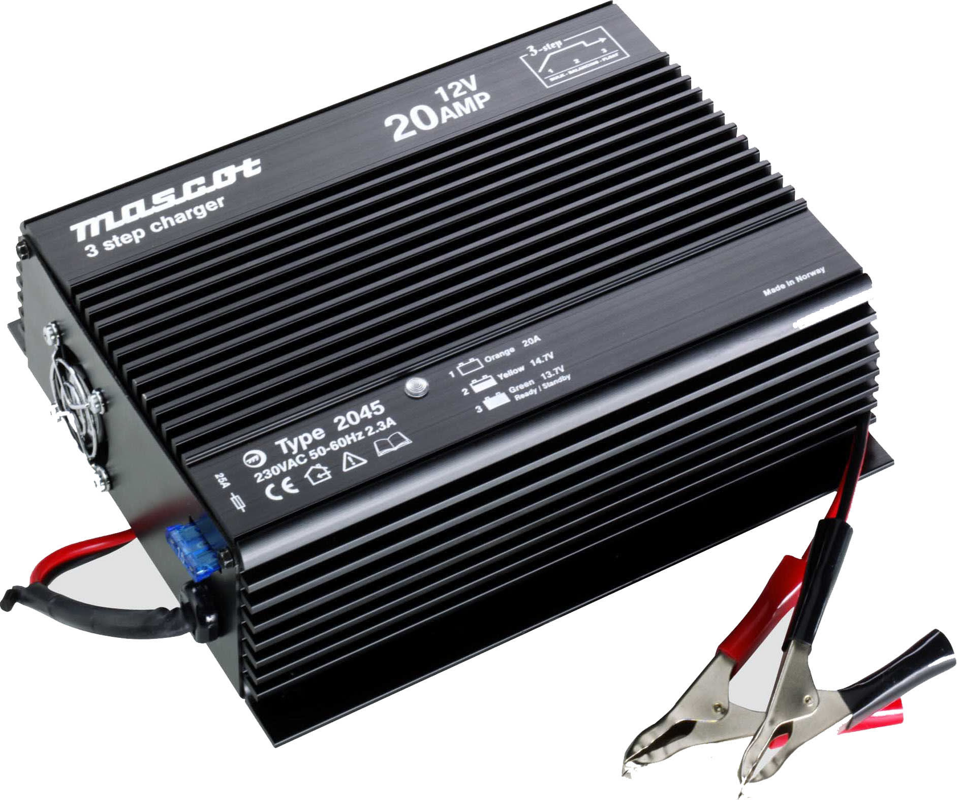 Mascot - 2045 3-Trinns lader for Blybatterier Switch mode - 24VDC 10A - batteriklemmer