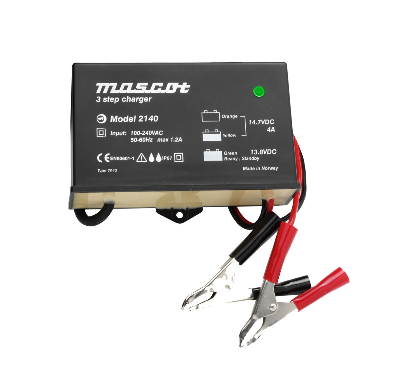 Mascot - 2140 3-Trinns lader for Blybatterier Switch mode - 12VDC 4A - batteriklemmer - IP67