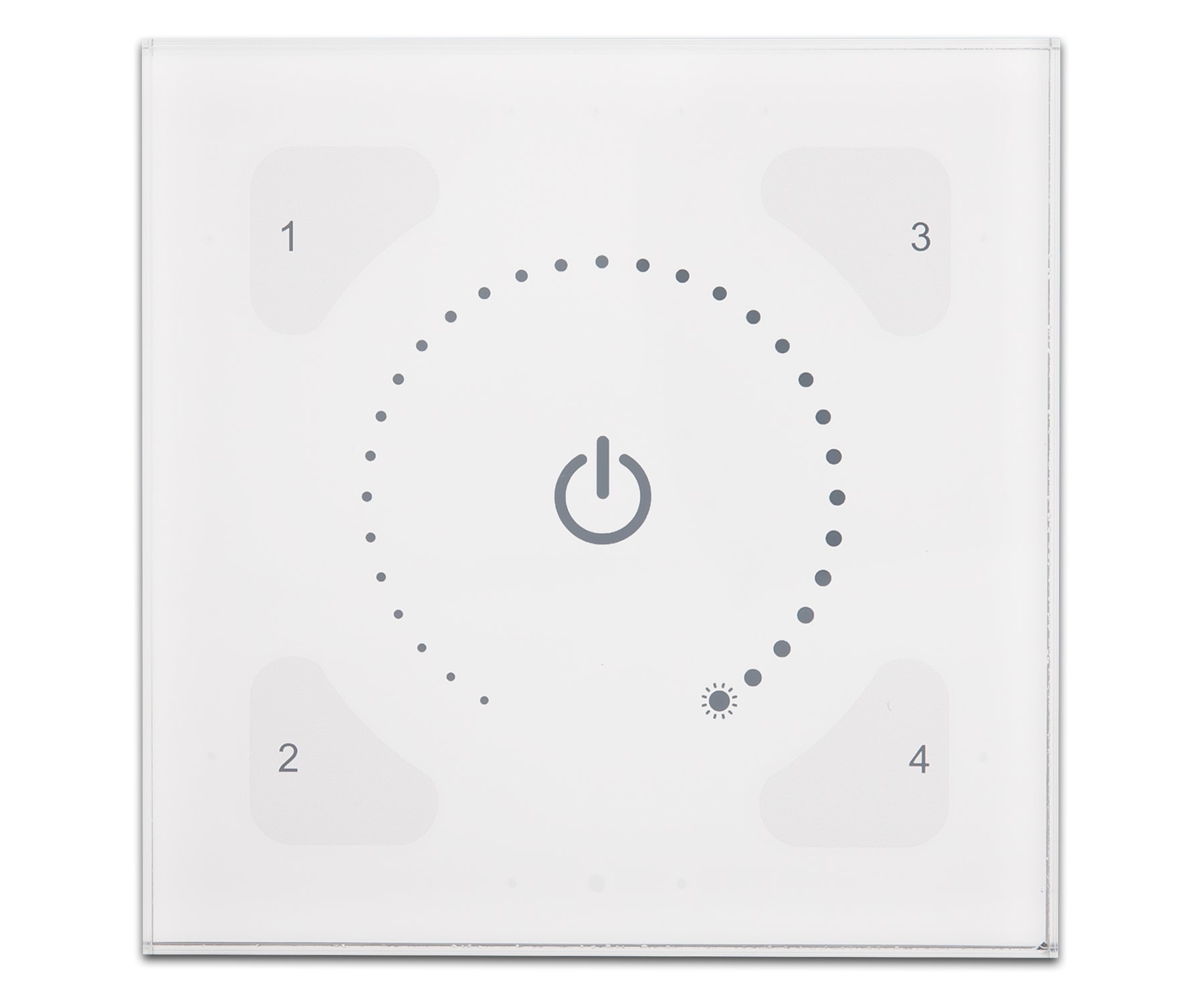 Helvar - ILLUSTRIS scene kontroll frontplate. Fire scener, av/siste nivå og intensitet. Glass. Hvit.