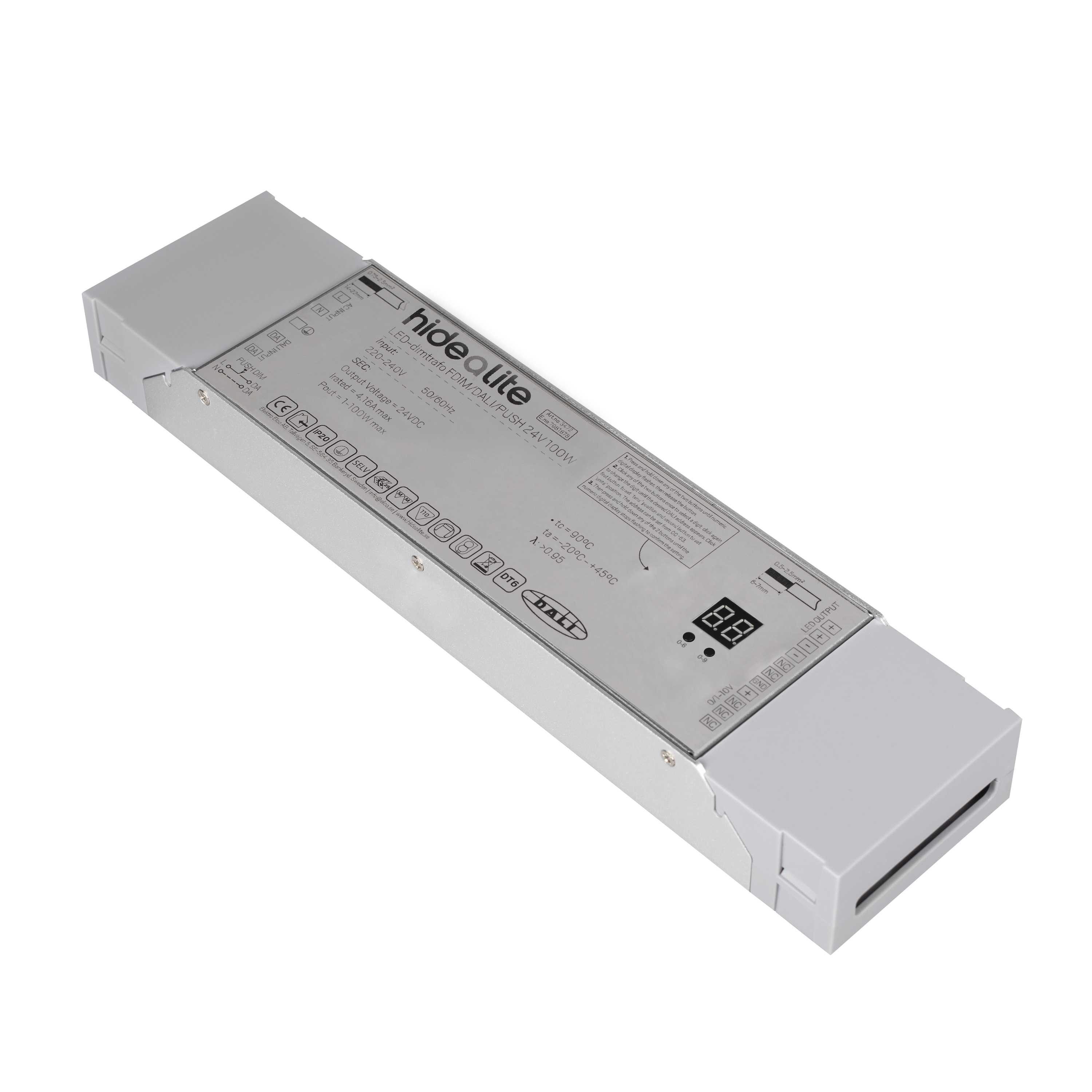 Hide-a-lite - LED-dimtrafo FDIM/DALI/PUSH 24V 100W For fasedim av LED-striper + dim via Push(230V),DALI , 0/1-10V.