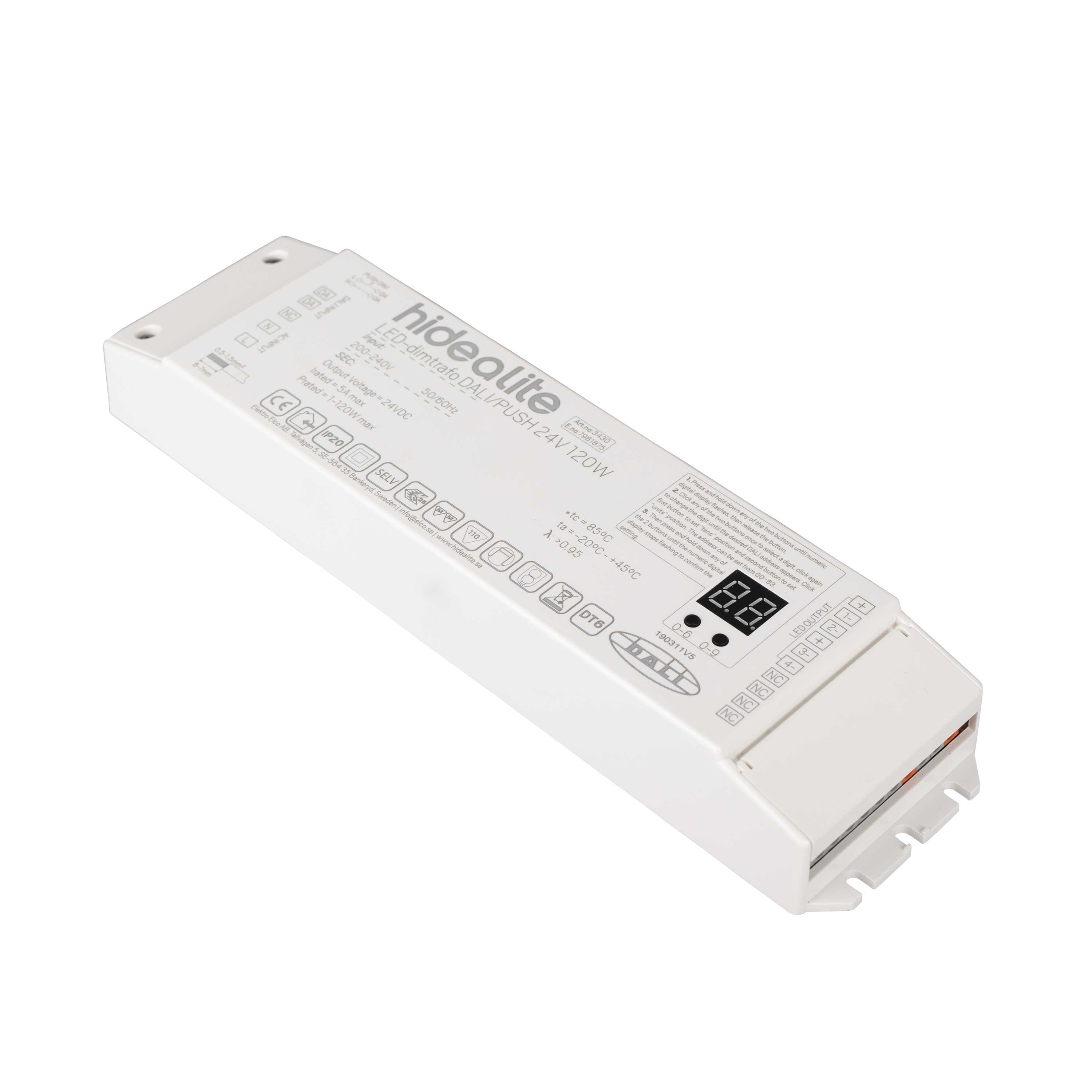 Hide-a-lite - LED-Dimtrafo DALI/PUSH 24V 120W for dimming av LED striper, singelfarge via Push (230V) eller DALI.