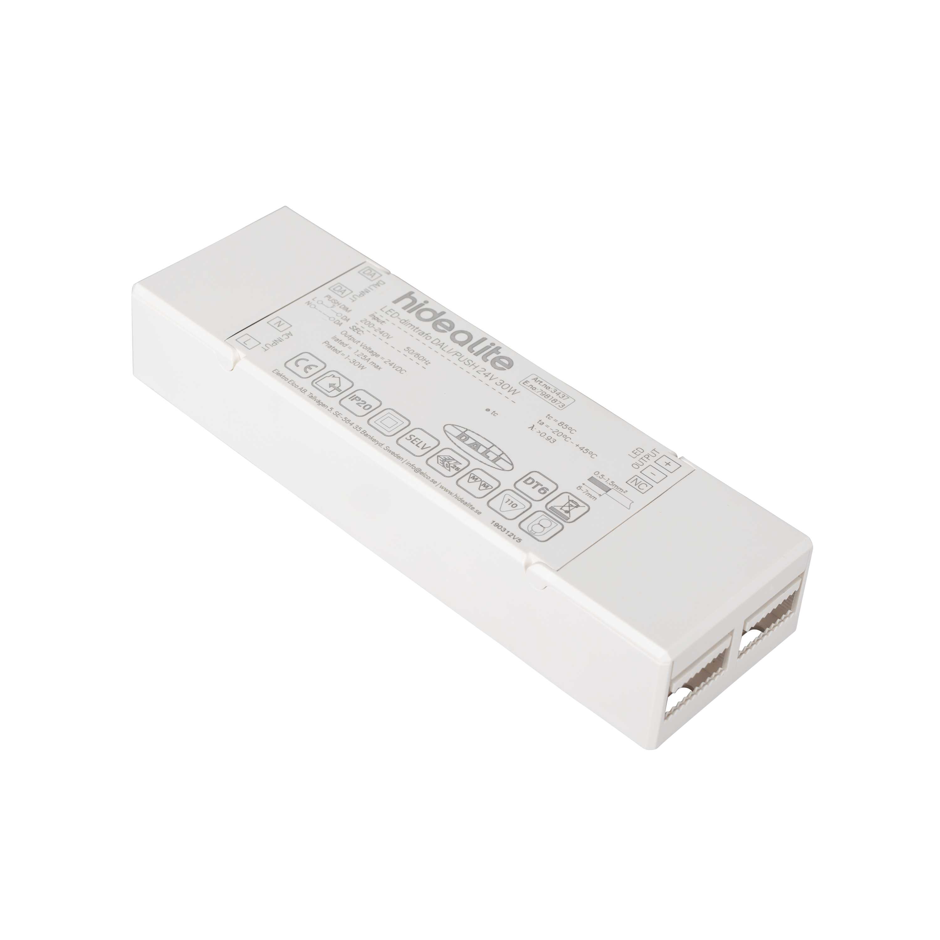 Hide-a-lite - LED-Dimtrafo DALI/PUSH 24V 30W. for dimming av LED striper, singelfarge via Push (230V) eller DALI.